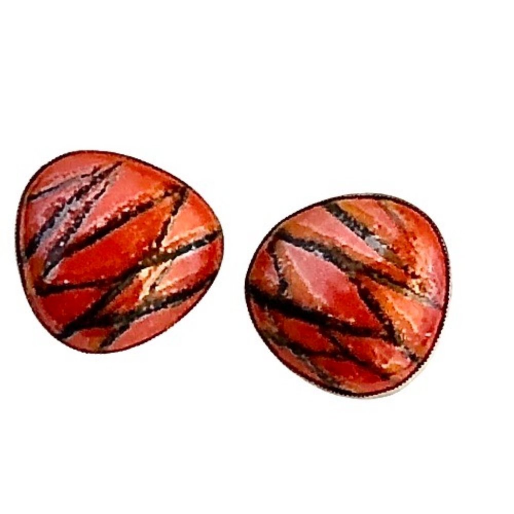 Vintage Mid Century Sterling Silver Enamel Screw Back Earrings Tiger Stripe Mod